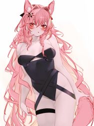 Rule 34 | 1girl, animal ear fluff, animal ears, arknights, black leotard, blush, breasts, extra ears, hair intakes, hair ornament, highleg, highleg leotard, kochiya (gothope), leotard, long hair, looking at viewer, medium breasts, pink eyes, pink hair, pozyomka (arknights), simple background, solo, strapless, strapless leotard, tail, thigh strap, white background, wolf ears, wolf girl, wolf tail