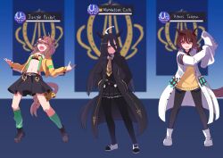 Rule 34 | 3girls, \n/, absurdres, agnes tachyon (umamusume), ahoge, animal ears, apex legends, black coat, black hair, black necktie, black pantyhose, black skirt, braid, brown hair, caustic (apex legends), character name, coat, collarbone, collared shirt, commentary, coralreef966, crop top, crypto (apex legends), earrings, english text, full body, gold trim, green socks, hair between eyes, hands in pockets, highres, horse ears, horse girl, horse tail, horseshoe print, imitating, jacket, jewelry, jungle pocket (umamusume), kneehighs, lab coat, long bangs, long hair, long sleeves, manhattan cafe (umamusume), messy hair, midriff, multicolored hair, multiple girls, navel, necktie, notched ear, octane (apex legends), open clothes, open jacket, pantyhose, pose imitation, red eyes, shirt, shoes, short hair, short necktie, sideways glance, single earring, skirt, sleeves past fingers, sleeves past wrists, socks, standing, suspender skirt, suspenders, sweater, tail, test tube, trait connection, two-tone hair, umamusume, wavy hair, white footwear, white hair, yellow eyes, yellow jacket, yellow necktie, yellow sweater