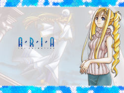 Rule 34 | 00s, 1girl, alicia florence, amano kozue, aria (manga), blonde hair, copyright name, cowboy shot, hair ornament, hairclip, long hair, looking at viewer, official art, official wallpaper, own hands together, ponytail, shirt, sleeveless, sleeveless shirt, smile, solo, standing, sweater vest, turtleneck, v arms, wallpaper