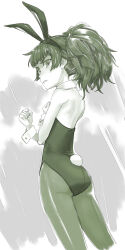 1girl alternate_hairstyle animal_ears ass bare_shoulders blush breasts clenched_teeth commentary_request crossed_arms fake_animal_ears from_behind from_side green_eyes green_hair hand_on_own_chest highres hiyajou_maho leotard long_hair looking_at_viewer looking_back menomorute monochrome pantyhose playboy_bunny rabbit_ears rabbit_tail small_breasts solo standing steins;gate steins;gate_0 strapless strapless_leotard tail teeth thighs wrist_cuffs