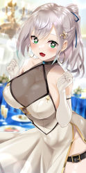Rule 34 | 1girl, blush, braid, breasts, choker, cleavage, covered navel, diffraction spikes, dress, earrings, elbow gloves, glint, gloves, green eyes, grey hair, halter dress, halterneck, hands up, heart, heart-shaped pupils, highres, hololive, jewelry, large breasts, leaning forward, long hair, looking at viewer, mizuno kurage, open mouth, ponytail, saliva, shirogane noel, shirogane noel (5th costume), side slit, sleeveless, sleeveless dress, smile, snowflakes, solo, speech bubble, swept bangs, symbol-shaped pupils, thigh strap, virtual youtuber, white dress