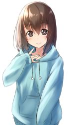 Rule 34 | 1girl, blue hoodie, blush, bright pupils, brown eyes, brown hair, closed mouth, commentary request, copyright request, gurande (g-size), hair between eyes, hood, hoodie, long sleeves, looking at viewer, short hair, simple background, sleeves past wrists, smile, solo, upper body, white background