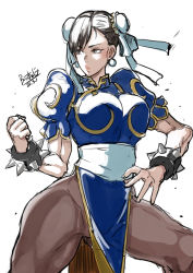 Rule 34 | 1girl, blue dress, bracelet, breasts, brown eyes, brown hair, brown pantyhose, bun cover, butcha-u, capcom, china dress, chinese clothes, chun-li, clenched hand, double bun, dress, earrings, fighting stance, hair bun, highres, jewelry, large breasts, lips, pantyhose, pelvic curtain, puffy short sleeves, puffy sleeves, sash, short sleeves, side slit, solo, spiked bracelet, spikes, street fighter, street fighter ii (series), thick thighs, thighs