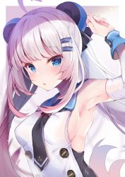 Rule 34 | 1girl, ahoge, arm up, armpits, azur lane, blue eyes, breasts, detached sleeves, hair ornament, hairclip, halsey powell (azur lane), highres, long hair, looking at viewer, momoirone, necktie, portrait, sideboob, silver hair, simple background, sleeveless, solo