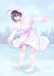 Rule 34 | 1girl, ahoge, alternate costume, black hair, blush, boots, bow, breath, capelet, center frills, chuunibyou demo koi ga shitai!, coat, commentary, cross-laced footwear, day, eyelashes, eyepatch, frilled coat, frills, full body, fur-trimmed capelet, fur-trimmed coat, fur-trimmed hood, fur trim, green eyes, hair between eyes, highres, hood, hood up, looking at viewer, one eye covered, open hands, open mouth, outdoors, outstretched arms, purple bow, shikkoku no hono mikado, short hair, sleeves past wrists, snow, snowing, solo, standing, takanashi rikka, tareme, white capelet, white coat, white footwear, winter