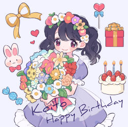 Rule 34 | 1girl, birthday cake, black hair, bouquet, box, cake, candy, commentary request, dress, fangs, flower, flower wreath, food, fukumaru koito, gift, gift box, happy birthday, highres, idolmaster, idolmaster shiny colors, lollipop, looking at viewer, mokume rin, puffy short sleeves, puffy sleeves, purple dress, purple eyes, short sleeves, skin fangs, solo, swept bangs, twintails