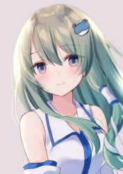 Rule 34 | 1girl, alternate eye color, bare shoulders, blush, breasts, closed mouth, collarbone, collared shirt, commentary request, detached sleeves, eyes visible through hair, frog hair ornament, green hair, grey background, grey eyes, hair between eyes, hair ornament, hair tubes, kochiya sanae, light, long hair, long sleeves, looking to the side, medium breasts, purin jiisan, shirt, simple background, smile, snake hair ornament, solo, touhou, upper body, white shirt, wide sleeves