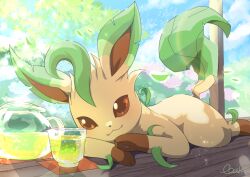 Rule 34 | brown eyes, closed mouth, cloud, commentary request, creatures (company), cup, day, game freak, gen 4 pokemon, glass, leafeon, lying, nintendo, no humans, oooise, pokemon, pokemon (creature), signature, sky, smile, solo, teapot