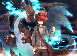 Rule 34 | 1boy, bag, black pants, blue eyes, blue jacket, breath weapon, brown hair, calem (pokemon), charizard, commentary request, creatures (company), eyewear on headwear, flame-tipped tail, game freak, gen 1 pokemon, hand in pocket, hat, holding, holding poke ball, jacket, long sleeves, looking at viewer, male focus, mega charizard x, mega pokemon, nintendo, pants, poke ball, poke ball (basic), pokemon, pokemon (creature), pokemon xy, shoulder bag, sunglasses, uppi