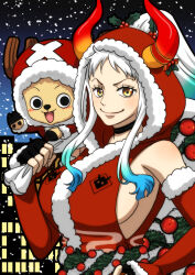 Rule 34 | 1girl, aqua hair, black eyes, black gloves, breasts, christmas, fingerless gloves, gloves, highres, hood, hood up, hoodie, hooves, horns, large breasts, looking at viewer, multicolored hair, one piece, open mouth, red hoodie, red horns, santa costume, sideboob, smile, snow, snowing, tony tony chopper, white hair, yamato (one piece)