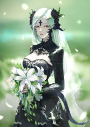 Rule 34 | 1girl, absurdres, au ra, warrior of light (ff14), black flower, black rose, blurry, blurry background, bouquet, dress, final fantasy, final fantasy xiv, flower, hair flower, hair ornament, hairclip, highres, holding, holding bouquet, horns, long hair, parted lips, pink lips, plant, red eyes, rose, sample watermark, solo, tail, veil, watermark, wedding dress, white flower, white hair, yi cat