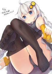 Rule 34 | 1girl, ass, bare shoulders, black panties, blue eyes, blush, braid, clothes pull, commentary request, feet, fingerless gloves, from below, frown, gloves, hair ornament, hairpin, highres, kizuna akari, long hair, panties, pantyhose, pantyhose pull, shun (b.c), silver hair, simple background, sleeveless, solo, striped clothes, striped gloves, thighs, twin braids, twintails, underwear, upskirt, very long hair, vocaloid, voiceroid, white background