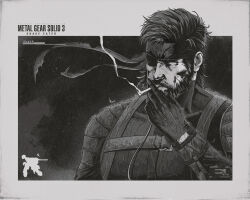 Rule 34 | 1boy, beard, big boss, cigarette, eyepatch, facial hair, gloves, greyscale, holding, holding cigarette, jhony caballero, looking at viewer, metal gear (series), metal gear solid 3: snake eater, monochrome, naked snake, rain, smoking