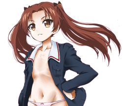 Rule 34 | 10s, 1girl, black ribbon, blue jacket, bow, bow panties, brown eyes, brown hair, collarbone, commentary, flat chest, fujimaru arikui, girls und panzer, grin, hair ribbon, hand on own hip, jacket, kadotani anzu, lace, lace-trimmed panties, lace trim, long hair, long sleeves, military, military uniform, navel, no pants, no shirt, ooarai military uniform, open clothes, open jacket, panties, parted bangs, ribbon, simple background, smile, solo, standing, twintails, twintails day, underwear, uniform, white background, wind