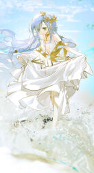 Rule 34 | 1girl, 37 (reverse:1999), ancient greek clothes, bare shoulders, blue eyes, blue hair, blurry, blurry background, cube, eyes visible through hair, floating hair, full body, gold choker, greco-roman clothes, hair over one eye, highres, laurel crown, long hair, looking down, lumos, ocean, reverse:1999, skirt hold, smile, solo, tetrahedron, toga, very long hair, wading, water