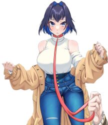 Rule 34 | 2girls, absurdres, akai haato, akai haato (gothic lolita), black hair, blue hair, blue pants, blush, breasts, brown jacket, collar, colored inner hair, detached sleeves, highres, hololive, hololive english, jacket, large breasts, leash, looking at viewer, mmneko, multicolored hair, multiple girls, official alternate costume, ouro kronii, ouro kronii (casual), pants, red collar, shirt, short hair, sleeveless, sleeveless shirt, viewer holding leash, virtual youtuber, white background, white shirt, white sleeves