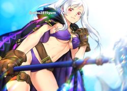 Rule 34 | 1girl, bikini, breasts, brown gloves, closed mouth, fire emblem, fire emblem awakening, fire emblem heroes, gloves, holding, jewelry, long hair, necklace, nintendo, o-ring, o-ring bikini, polearm, purple bikini, red eyes, robin (female) (fire emblem), robin (fire emblem), solo, swimsuit, thigh strap, tombsakura, twintails, twitter username, underboob, weapon, white hair