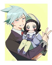 Rule 34 | 1boy, 1girl, absurdres, black gloves, black hair, blue eyes, blush stickers, carrying, clenched teeth, commentary request, creatures (company), formal, game freak, gloves, green eyes, green hair, highres, jewelry, looking at viewer, necktie, nintendo, pantyhose, pokemon, pokemon oras, pokemon sv, poppy (pokemon), ring, short hair, simple background, smile, steven stone, suit, teeth, v, visor cap, yao (evep3835)