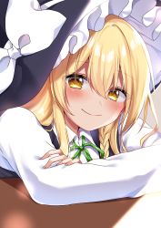 Rule 34 | 1girl, absurdres, arm rest, bad id, bad pixiv id, black hat, black vest, blonde hair, blush, bow, braid, closed mouth, collared shirt, commentary request, crossed arms, green ribbon, grey background, hair between eyes, hat, hat bow, highres, kirisame marisa, light rays, long hair, long sleeves, looking at viewer, neck ribbon, ribbon, shinonome asu, shirt, side braid, simple background, single braid, smile, solo, table, touhou, upper body, vest, white bow, white shirt, witch hat, yellow eyes