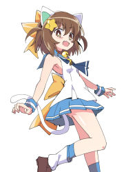 Rule 34 | 1girl, animal ears, bell, blue sailor collar, blue skirt, brown eyes, brown hair, cat ears, cat tail, etotama, fang, ixy, looking at viewer, nyaa-tan, open mouth, pleated skirt, sailor collar, short hair, simple background, skirt, sleeveless, socks, solo, standing, standing on one leg, tail, white background, wrist cuffs