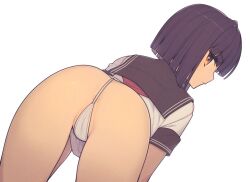 Rule 34 | 1girl, anus, ass, ass focus, bent over, black hair, black sailor collar, blunt bangs, bob cut, censored, cowboy shot, everyntrge, expressionless, female focus, from behind, looking at viewer, looking back, mosaic censoring, neckerchief, no pants, original, panties, profile, red neckerchief, sailor collar, school uniform, shirt, short hair, short sleeves, simple background, solo, string panties, underwear, white background, white panties, white shirt, yellow eyes