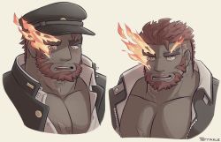 Rule 34 | 1boy, bara, beard, close-up, cropped shoulders, eyebrow cut, facial hair, flaming eye, hat, hephaestus (housamo), looking at viewer, male focus, manly, multiple views, muscular, pectorals, police, police hat, police uniform, red eyes, scar, short hair, terraxle, thick eyebrows, tokyo houkago summoners, uniform, upper body, yellow eyes
