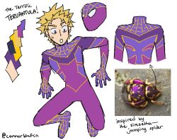 Rule 34 | 1boy, blonde hair, bodysuit, bug, color guide, commentary, connorblufin, cosplay, english commentary, english text, full body, hanazawa teruki, jumping spider, male focus, marvel, mob psycho 100, open mouth, photo inset, purple bodysuit, reference inset, short hair, simple background, spider, spider-man, spider-man (cosplay), spider-man (series), twitter username, white background
