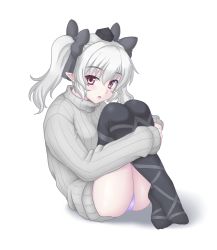 Rule 34 | 1girl, albino, alternate color, alternate costume, ass, black thighhighs, bow, hair bow, himekaidou hatate, hugging own legs, isaki (gomi), leg lift, leg ribbon, long sleeves, open mouth, panties, pantyshot, pink eyes, pointy ears, purple panties, ribbed sweater, ribbon, simple background, sitting, solo, sweater, thighhighs, touhou, turtleneck, twintails, underwear