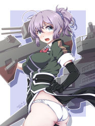 Rule 34 | 1girl, 547th sy, adapted turret, alternate costume, aoba (kancolle), black gloves, blue eyes, bow, bowtie, breasts, butt crack, cannon, collared shirt, cosplay, elbow gloves, gloves, hair between eyes, highleg, highleg panties, highres, jacket, kantai collection, looking at viewer, machinery, medium breasts, messy hair, necktie, open mouth, panties, pelvic curtain, ponytail, purple hair, red bow, red bowtie, red necktie, scrunchie, shirt, short sleeves, side slit, single elbow glove, single glove, single thighhigh, smile, solo, thighhighs, tone (kancolle), tone kai ni (kancolle), tone kai ni (kancolle) (cosplay), turret, underwear, white panties