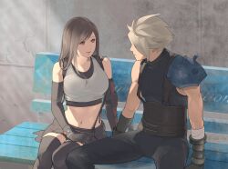 Rule 34 | 1boy, 1girl, arm guards, armor, bare shoulders, bench, black gloves, black hair, black skirt, black thighhighs, blonde hair, blue bench, boots, bracelet, breasts, brown hair, cloud strife, crop top, earrings, elbow gloves, final fantasy, final fantasy vii, final fantasy vii remake, gloves, jewelry, large breasts, light rays, long hair, looking at another, midriff, navel, on bench, open mouth, outdoors, red eyes, shillo, shoulder armor, single bare shoulder, sitting, skirt, sleeveless, sleeveless turtleneck, spiked hair, sunlight, suspender skirt, suspenders, sweater, tank top, thighhighs, tifa lockhart, turtleneck, turtleneck sweater, undershirt, white tank top, zettai ryouiki
