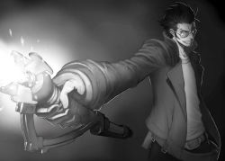Rule 34 | 1boy, belt, energy sword, grasshopper manufacture, greyscale, grin, h hiroma, jacket, male focus, monochrome, no more heroes, smile, solo, sunglasses, sword, travis touchdown, weapon