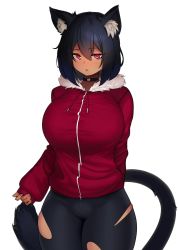 Rule 34 | 1girl, animal ear fluff, animal ears, arm behind back, bike shorts, blaccura, black hair, borrowed character, breasts, cat ears, cat girl, cat tail, choker, commentary, commission, cropped legs, curvy, english commentary, hair between eyes, highres, hood, hoodie, huge breasts, medium hair, open mouth, original, red eyes, red hoodie, simple background, sleeves past wrists, solo, tail, taut clothes, thick thighs, thighs, torn bike shorts, torn clothes, white background