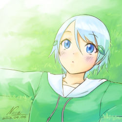 Rule 34 | 1girl, blue eyes, blue hair, casual, collarbone, grass, hair ornament, lying, matching hair/eyes, nicca (kid nicca), original, outstretched arms, short hair, signature, solo, spread arms, weeds