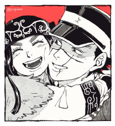 Rule 34 | 1boy, 1girl, ainu, ainu clothes, artist name, asirpa, black hair, cheek-to-cheek, closed eyes, earrings, fur collar, golden kamuy, greyscale, greyscale with colored background, hat, heads together, jewelry, long sleeves, looking at another, looking at viewer, military, military hat, military uniform, monochrome, open mouth, prepbon, red background, scar, scar on face, sugimoto saichi, uniform