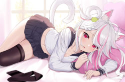 Rule 34 | 1girl, absurdres, animal ears, bed, bed sheet, black skirt, black thighhighs, blush, breasts, cat, cat ears, cat girl, cat tail, cleavage, clothes lift, hair between eyes, hair ornament, highres, indoors, large breasts, long hair, long sleeves, looking at viewer, mole, mole under eye, navel, necktie, no bra, open clothes, open shirt, original, red eyes, school uniform, shirt, single thighhigh, skirt, skirt lift, stomach, sunlight, tail, takeawatch, tearing up, tears, thighhighs, virtual youtuber, white hair, white shirt, window