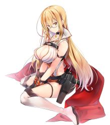 Rule 34 | 1girl, bare shoulders, blonde hair, breasts, brown eyes, cleavage, cleavage cutout, clothing cutout, colored eyelashes, dress, female focus, from side, full body, glasses, hair between eyes, highres, invisible chair, isosaki iki (taimanin asagi battle arena), large breasts, long hair, parted bangs, pelvic curtain, popped collar, round eyewear, sakuranbo, simple background, sitting, solo, striped clothes, striped dress, taimanin (series), taimanin asagi kessen arena, thigh strap, thighhighs, vertical-striped clothes, vertical-striped dress, very long hair, waist cape, weapon, white background