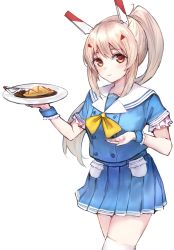 Rule 34 | 1girl, ayanami (azur lane), ayanami (grade a sailor uniform) (azur lane), azur lane, bad id, bad pixiv id, blue skirt, blush, brown eyes, catumi (ta938 ka23), cowboy shot, food, headgear, highres, holding, light brown hair, light smile, long hair, looking at viewer, omelet, omurice, plate, pleated skirt, ponytail, sailor collar, short sleeves, simple background, skirt, solo, thighhighs, white background, white sailor collar, white thighhighs, yellow neckwear