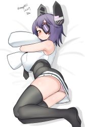 Rule 34 | 1girl, absurdres, bed, black skirt, black thighhighs, breasts, dated, eyepatch, headgear, high-waist skirt, highres, kantai collection, large breasts, looking at viewer, lying, maru (marg0613), on side, one-hour drawing challenge, panties, pantyshot, pink panties, purple hair, shirt, short hair, skirt, sleeveless, sleeveless shirt, solo, tenryuu (kancolle), tenryuu kai ni (kancolle), thighhighs, twitter username, underwear, white shirt, yellow eyes