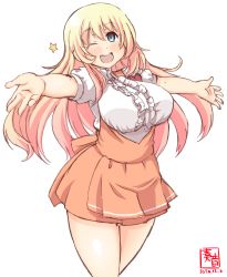 Rule 34 | 1girl, alternate costume, anna miller, apron, artist logo, atago (kancolle), blonde hair, blouse, breasts, commentary request, dated, employee uniform, frilled shirt, frills, green eyes, highres, kanon (kurogane knights), kantai collection, large breasts, long hair, name tag, one eye closed, open mouth, orange apron, orange skirt, outstretched arms, round teeth, shirt, simple background, skirt, smile, solo, teeth, underbust, uniform, upper teeth only, waitress, white background, white shirt