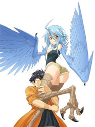 Rule 34 | 10s, 1boy, 1girl, ahoge, ass, bare shoulders, blank eyes, blue hair, blue wings, breasts, claws, feathered wings, harpy, kurusu kimihito, looking at viewer, monster girl, monster musume no iru nichijou, official art, okayado, papi (monster musume), short hair, short shorts, shorts, simple background, small breasts, smile, talons, white background, winged arms, wings, yellow eyes