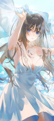 Rule 34 | 1girl, absurdres, arms up, artist name, bare arms, blanket, blue eyes, blurry, blurry background, breasts, brown hair, chinese commentary, closed mouth, commentary request, dated, day, diffraction spikes, dress, hair between eyes, highres, holding, holding blanket, large breasts, long hair, looking at viewer, original, outdoors, sleeveless, sleeveless dress, solo, spaghetti strap, strap slip, sundress, swkl:d, white dress