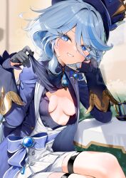 Rule 34 | 1girl, absurdres, ahoge, black gloves, blue eyes, blue hair, blue hat, blue jacket, breasts, furina (genshin impact), genshin impact, gloves, hair between eyes, hat, head rest, highres, itohana, jacket, light blue hair, long hair, long sleeves, looking at viewer, multicolored hair, open clothes, open jacket, small breasts, smile, solo, teeth, top hat, undressing, white gloves, white hair