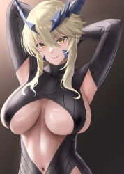 Rule 34 | 1girl, armpits, arms behind head, arms up, artoria pendragon (fate), artoria pendragon (lancer alter) (fate), black bodysuit, blonde hair, bodysuit, braid, breasts, center opening, fate/grand order, fate (series), french braid, hair between eyes, highres, horns, large breasts, long hair, looking at viewer, navel, revealing clothes, ribbed bodysuit, sideboob, sidelocks, smile, solo, underboob, yamaneko (tkdrumsco), yellow eyes