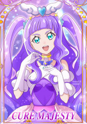 Rule 34 | 1girl, blue eyes, brooch, card (medium), character name, clothing cutout, commentary, cure majesty, dated, dress, elbow gloves, ellee-chan, gloves, hair tie, hanzou, highres, hirogaru sky! precure, jewelry, long hair, looking at viewer, magical girl, open mouth, precure, purple dress, purple hair, short sleeves, shoulder cutout, smile, solo, twitter username, two side up, upper body, very long hair, white gloves, wing brooch, wing hair ornament