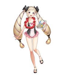 Rule 34 | 1girl, black footwear, blonde hair, blush, book, bow, collarbone, covered navel, elise (fire emblem), elise (summer) (fire emblem), fire emblem, fire emblem fates, fire emblem heroes, flower, flower necklace, frilled swimsuit, frills, full body, hair bow, hair ribbon, highres, jewelry, lei, necklace, nintendo, official art, one-piece swimsuit, open mouth, purple eyes, ribbon, sandals, solo, standing, swimsuit, transparent background, twintails
