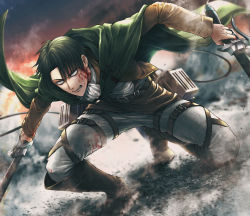 Rule 34 | 040shao, 1boy, ascot, black eyes, black hair, blood, blood on clothes, blood on face, boots, brown footwear, brown jacket, cape, clenched teeth, commentary, dual wielding, full body, green cape, highres, holding, holding sword, holding weapon, jacket, levi (shingeki no kyojin), long sleeves, looking ahead, male focus, pants, paradis military uniform, shingeki no kyojin, short hair, solo, squatting, sword, teeth, thigh strap, three-dimensional maneuver gear, weapon, white ascot, white pants