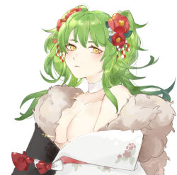 Rule 34 | 1girl, blush, breasts, choker, closed mouth, dress, flower, fur-trimmed dress, fur collar, fur trim, girls&#039; frontline, green hair, hair flower, hair ornament, japanese clothes, kimono, long hair, looking at viewer, m950a (girls&#039; frontline), m950a (the elegance of tea is undefeated by the snow) (girls&#039; frontline), medium breasts, official alternate costume, open clothes, pepper cyanide, solo focus, twintails, white background, white choker, yellow eyes