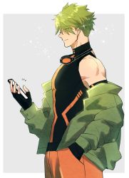 Rule 34 | 1boy, achilles (fate), baggy pants, black gloves, black tank top, closed mouth, fate/apocrypha, fate/grand order, fate (series), fingerless gloves, gloves, goggles, goggles around neck, green hair, green jacket, hair between eyes, hand in pocket, highres, holding, holding phone, itokon300, jacket, official alternate costume, open clothes, open jacket, open mouth, orange pants, outside border, pants, phone, profile, short hair, simple background, smile, solo, tank top