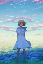 Rule 34 | 1girl, :d, ^ ^, arms behind back, bare legs, bird, blue sailor collar, blue sky, brown hair, closed eyes, cloud, commentary request, day, dress, facing viewer, fake halo, fake wings, hair over one eye, halo, hiko (scape), horizon, neckerchief, ocean, open mouth, original, outdoors, sailor collar, sailor dress, short hair, short sleeves, sky, smile, solo, sunlight, wading, water, white dress, white neckerchief, wings