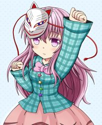 Rule 34 | 1girl, arm up, b.leaf, bow, bubble skirt, clenched hands, expressionless, fist pump, fox mask, hata no kokoro, long hair, long sleeves, looking at viewer, mask, pink eyes, pink hair, plaid, plaid shirt, raised fist, shirt, skirt, solo, star (symbol), touhou, triangle, very long hair, wide sleeves